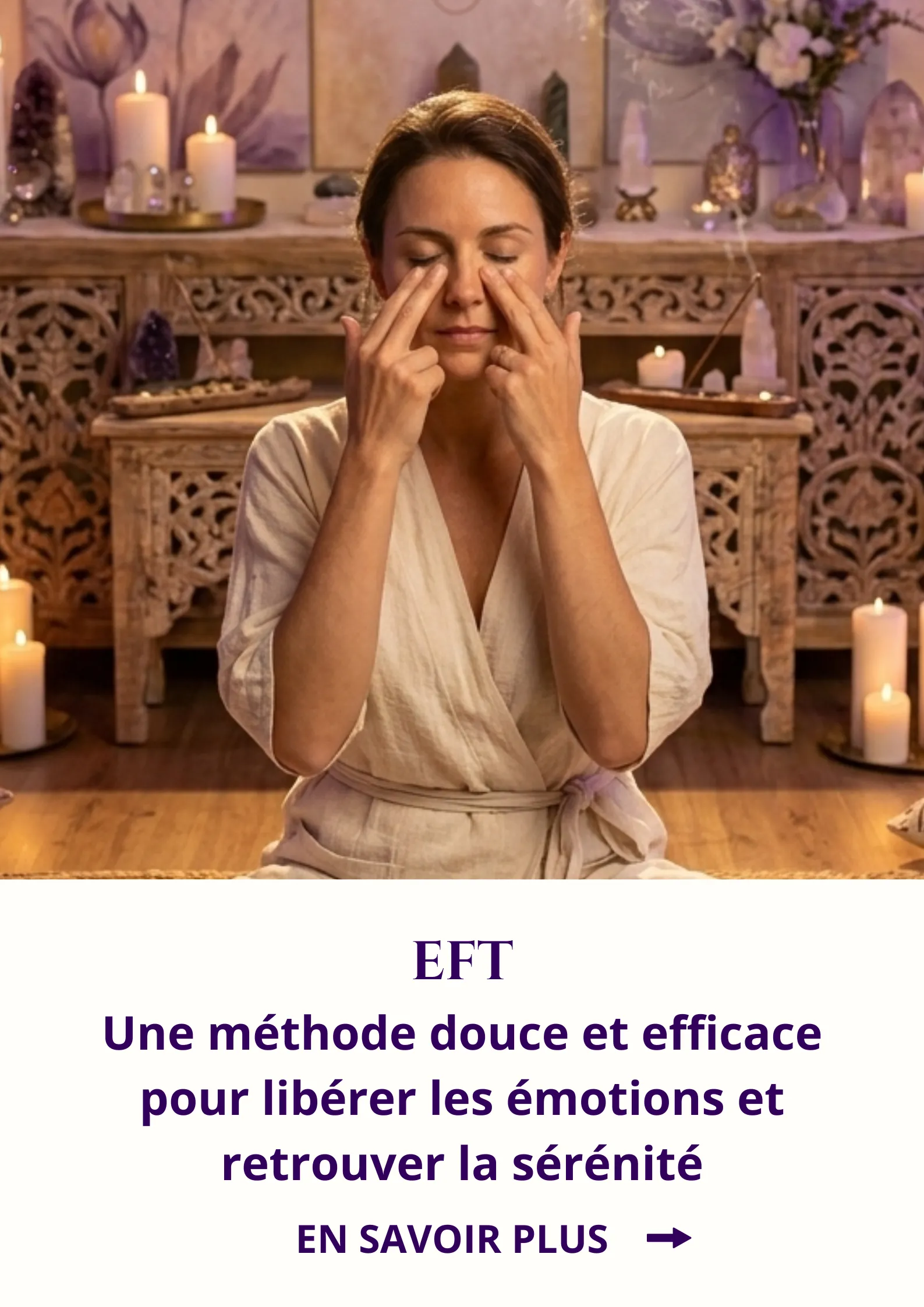EFT libérations émotionnelles, femme avec deux doigts sur les os dessous ses yeux, ambiance indienne / cliquer pour en savoir plus