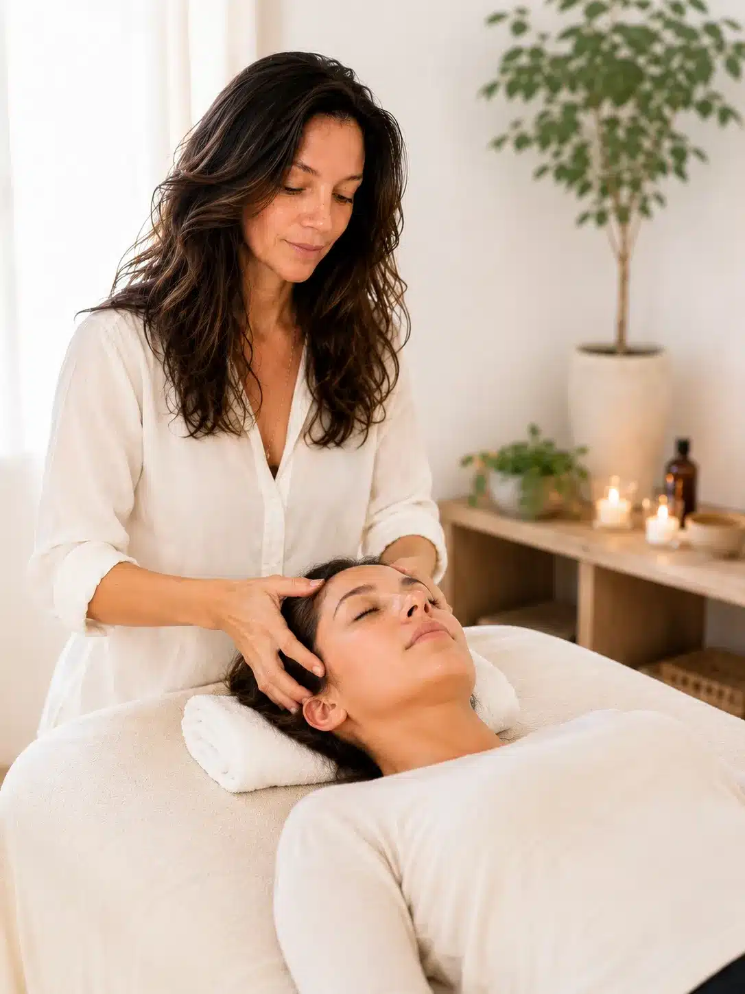 Massage crânien - Virginie Boyer a ses mains de chaque côte de la tête de la femme en t-shirt qui est allongée pour profiter de son massage