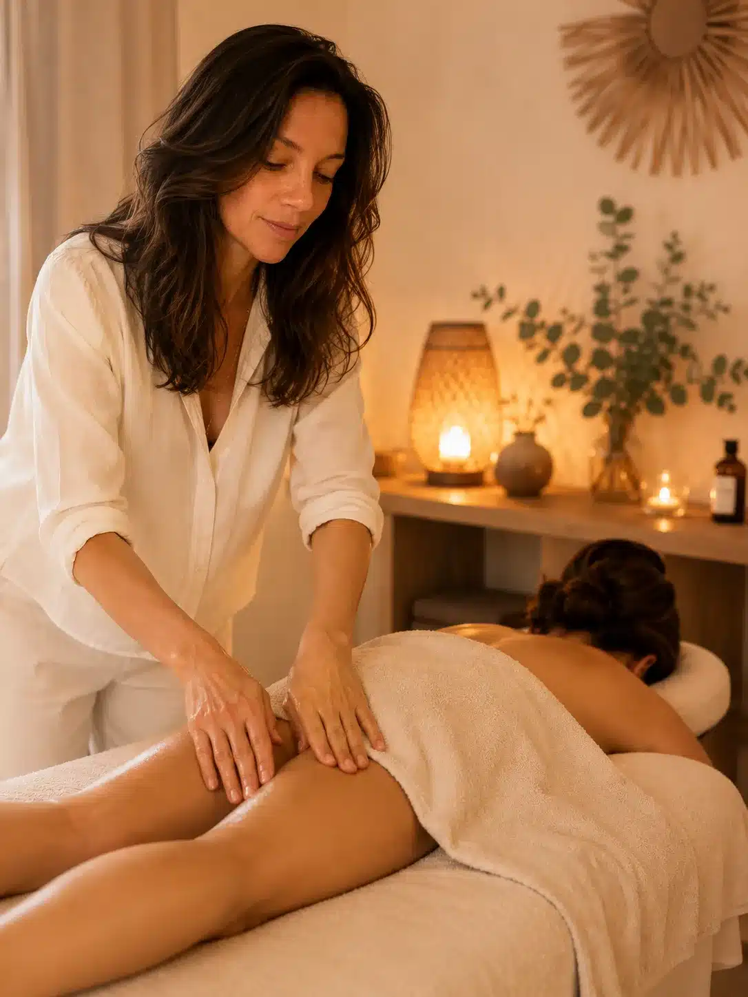 Virginie Boyer en train de faire un massage à l'huile sur une femme allongée sur une table de massage, ambiance chaleureuse, bougie allumée, plante eucalyptus dans un vase.