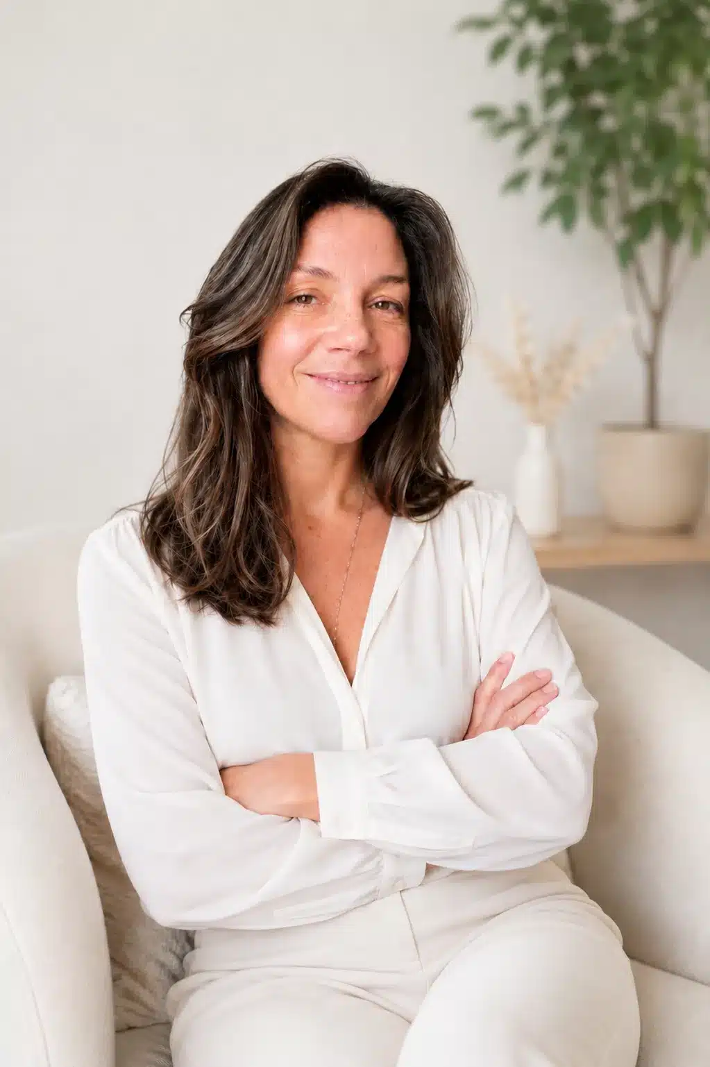 Virginie Boyer est habillée tout en blanc elle est assise dans un fauteuil crème les bras croises souriante